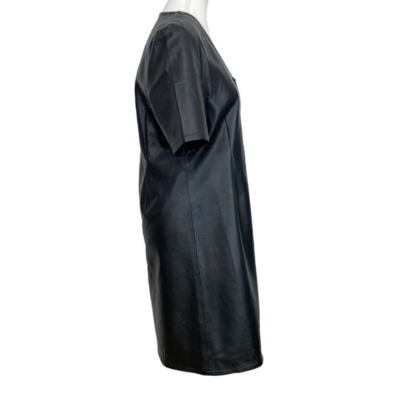 OAK + FORT BLACK FAUX LEATHER V-NECK SHORT SLEEVE BUTTON FRONT MINI DRESS - M - Picture 2 of 7